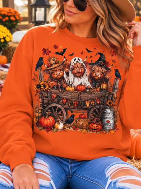 Halloween Highland Cow Wagon Graphic Tee