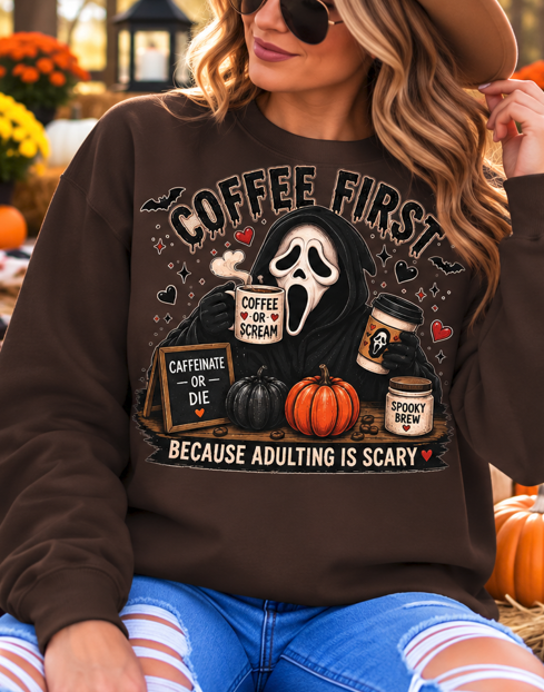 Coffee First Because Adulting Is Scary Graphic Tee