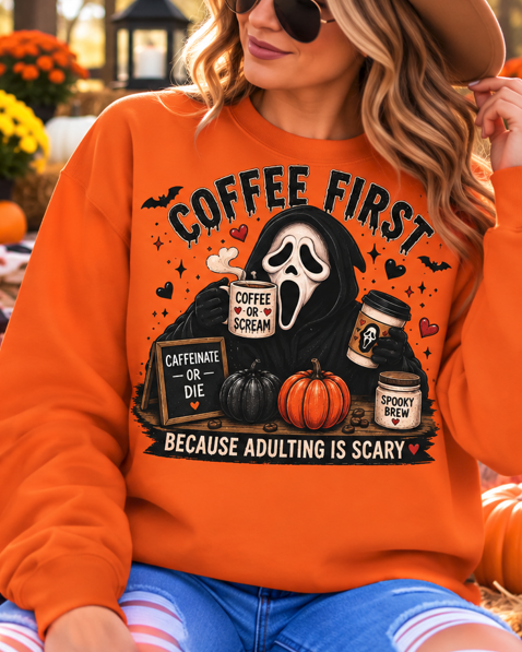 Coffee First Because Adulting Is Scary Graphic Tee