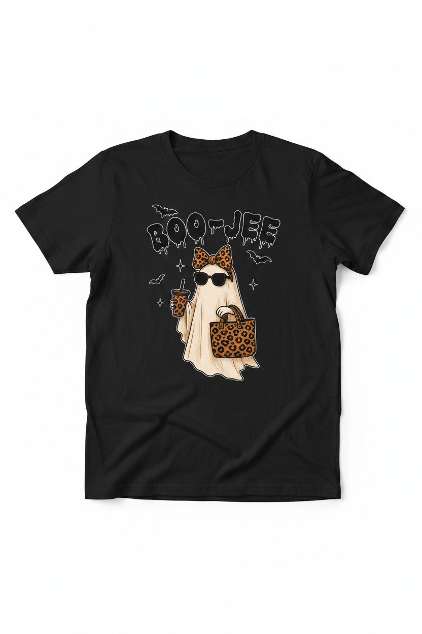 Boo-Jee Ghost Graphic Tee on black shirt
