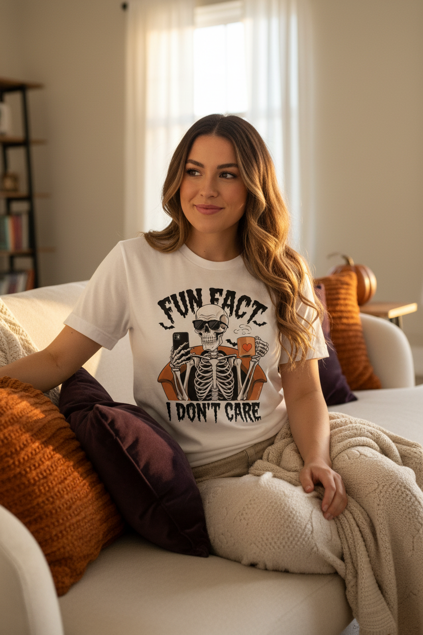 Fun Fact I Don't Care graphic tee lifestyle mockup - woman wearing white tee in cozy home setting