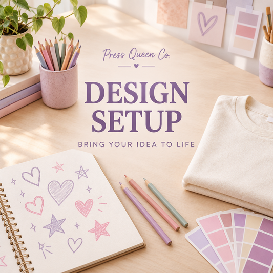 Design Setup, bring your idea to life, with a pastel creative workspace, sketchbook, pencils, and fabric swatches.