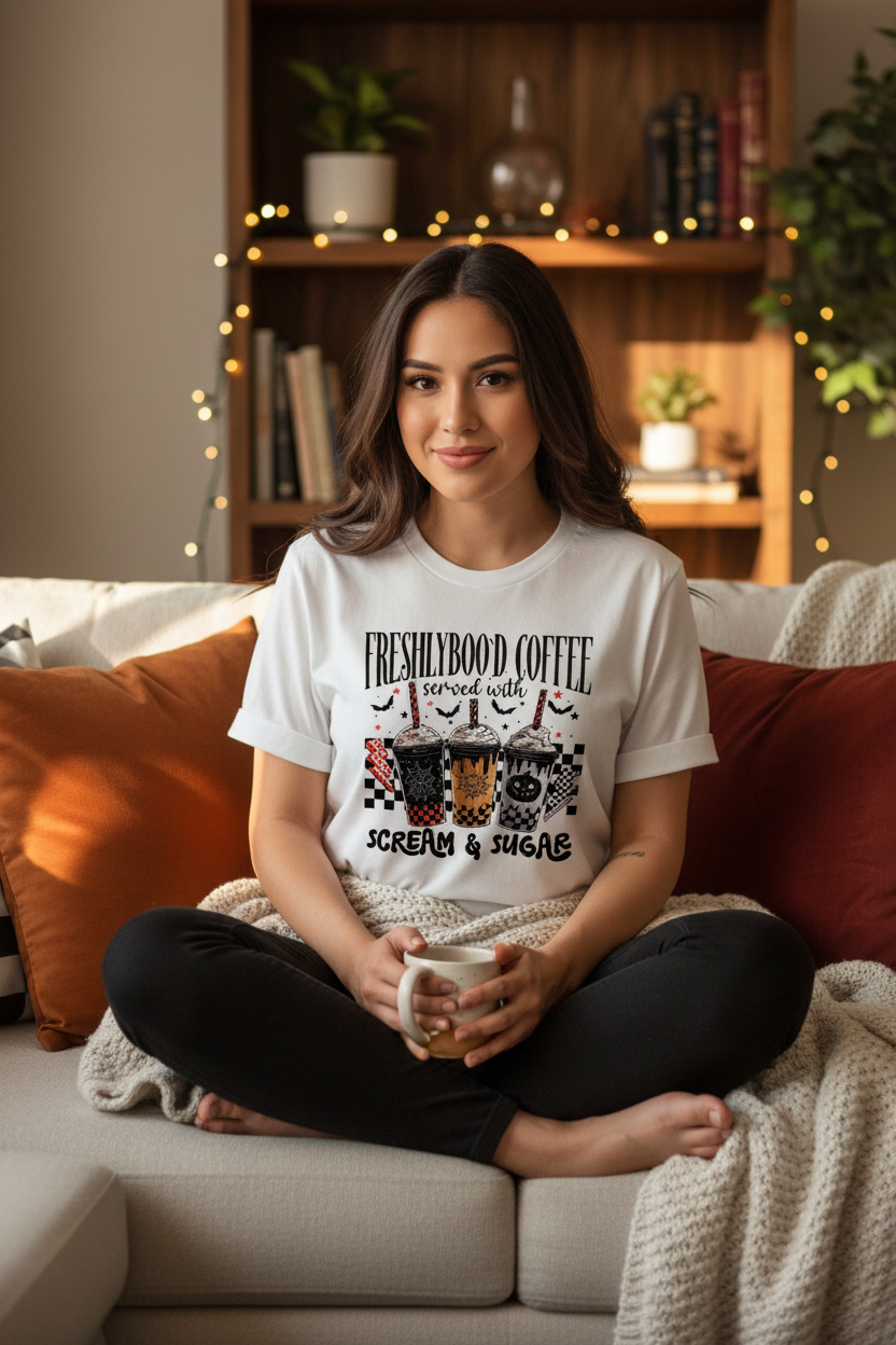 Freshlyboo'd Coffee graphic tee lifestyle mockup - woman wearing white tee in cozy home setting