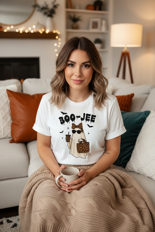 Boo-Jee Ghost graphic tee lifestyle mockup - woman wearing white tee in cozy home setting