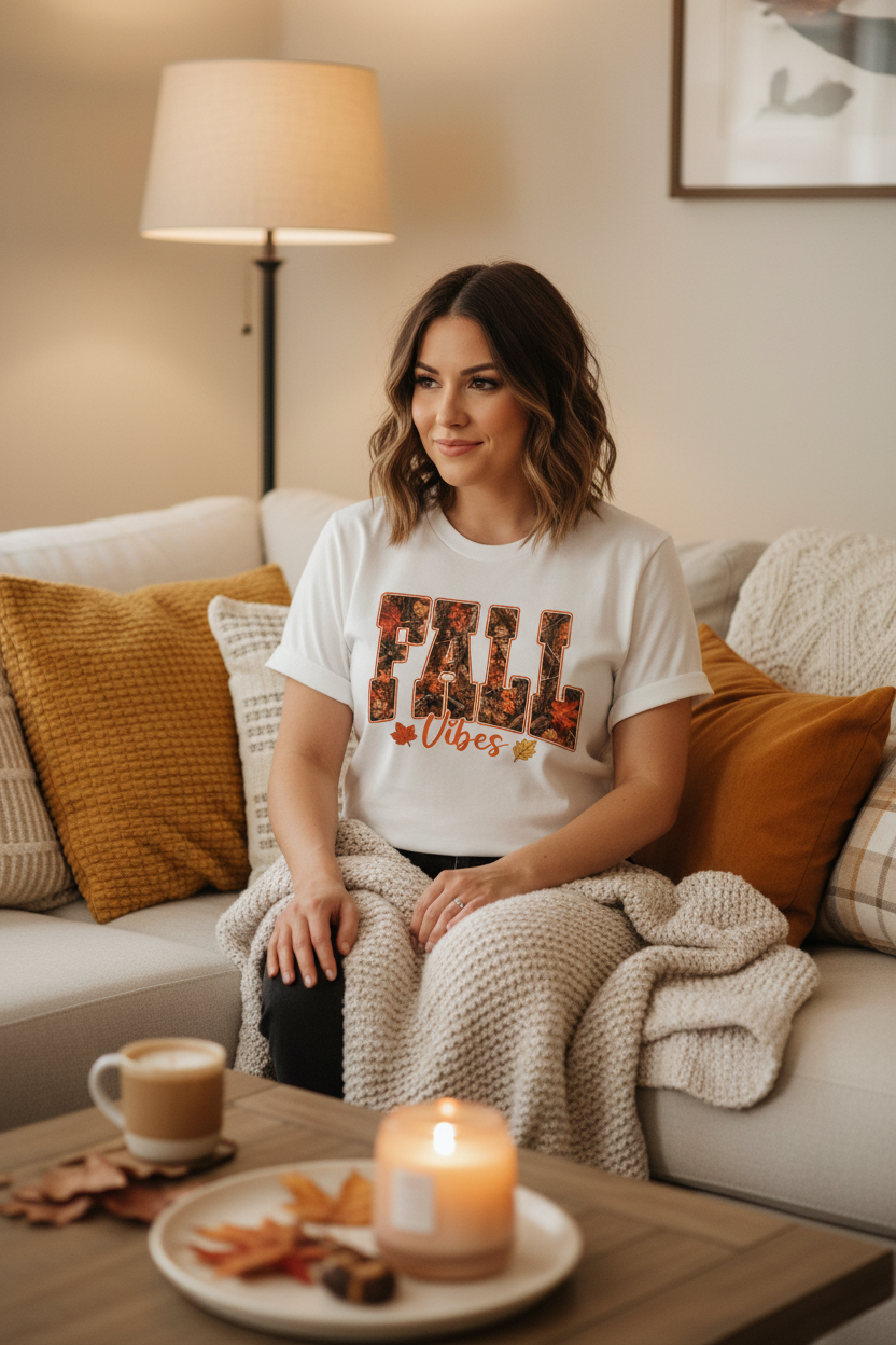 Fall Vibes graphic tee lifestyle mockup - woman wearing white tee in cozy home setting