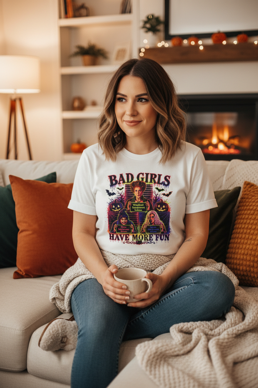 Bad Girls Have More Fun graphic tee lifestyle mockup - woman wearing white tee in cozy home setting